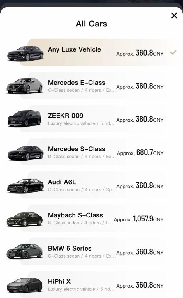 Didi Luxe car options